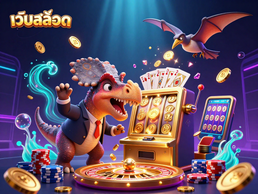 Experience exciting เว็บสล็อต action with a pachycephalosaurus, jackpot coins, and vibrant casino elements.