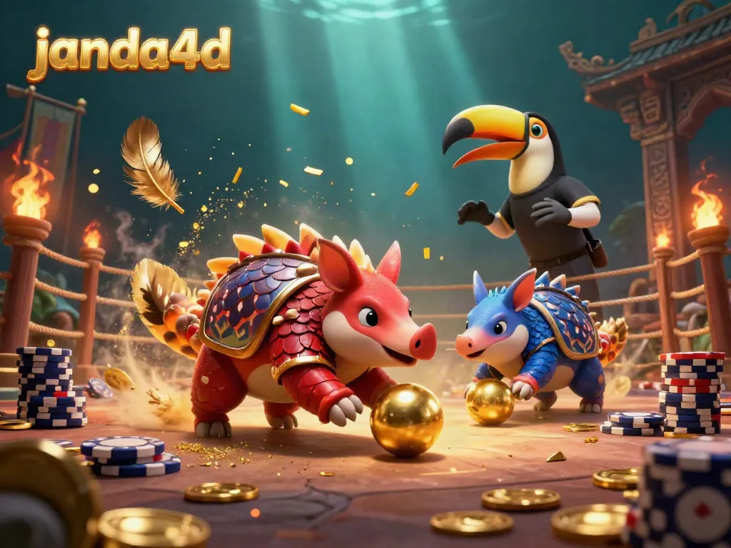 Gambarkan pangolin merah dan biru bermain slot di arena taruhan, janda4d hadir dengan kasino menarik.