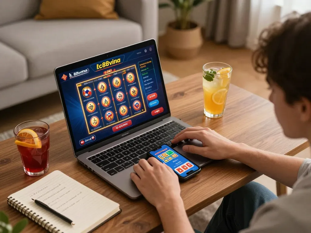 Engaged player enjoying online casino games on lc88vina platform with laptop and smartphone.