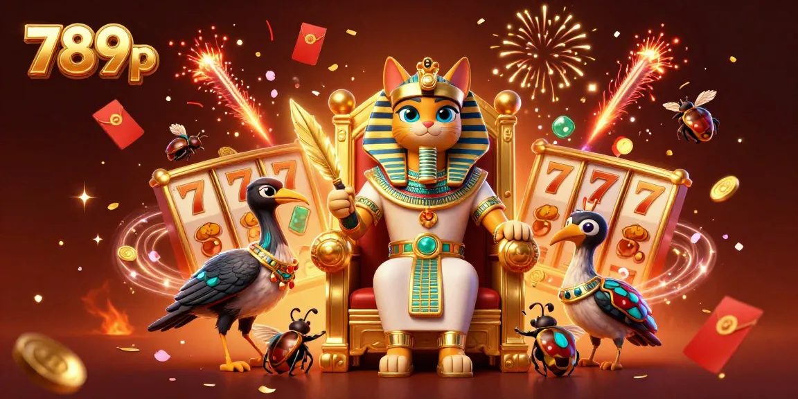 Engage with vibrant 789p slots scene showcasing the Egyptian pharaoh cat in a golden throne surrounded by festive game elements.