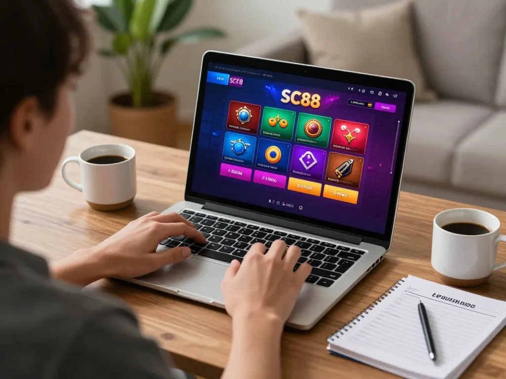 Engaging online gaming experience with SC88 platform, showcasing a user focusing on betting strategies at home.