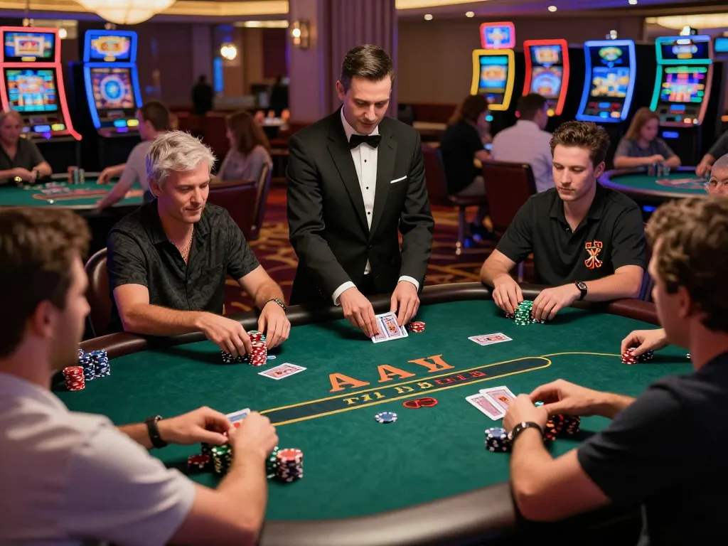 tr88 players strategizing at a casino poker table with chips and vibrant ambiance