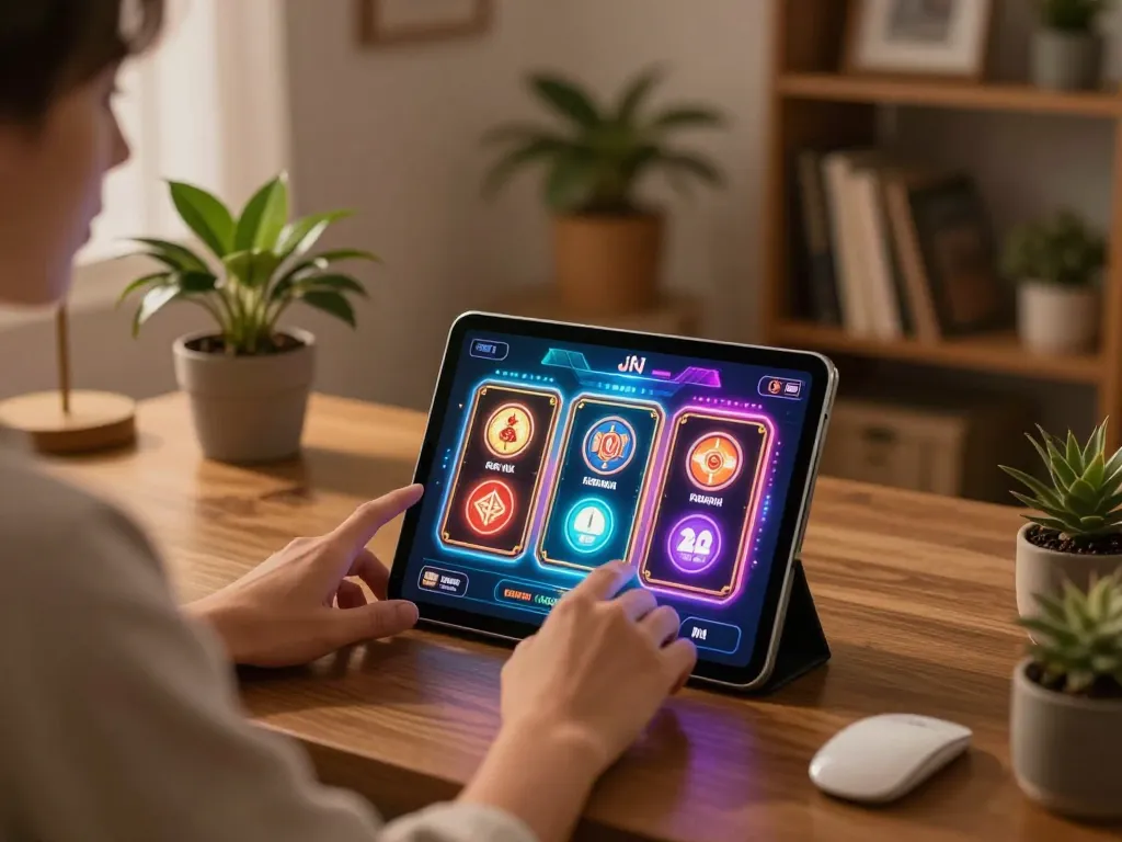 Engaging gameplay at trang chủ gg88, showcasing a user enjoying online slots on a tablet in a cozy home setting.