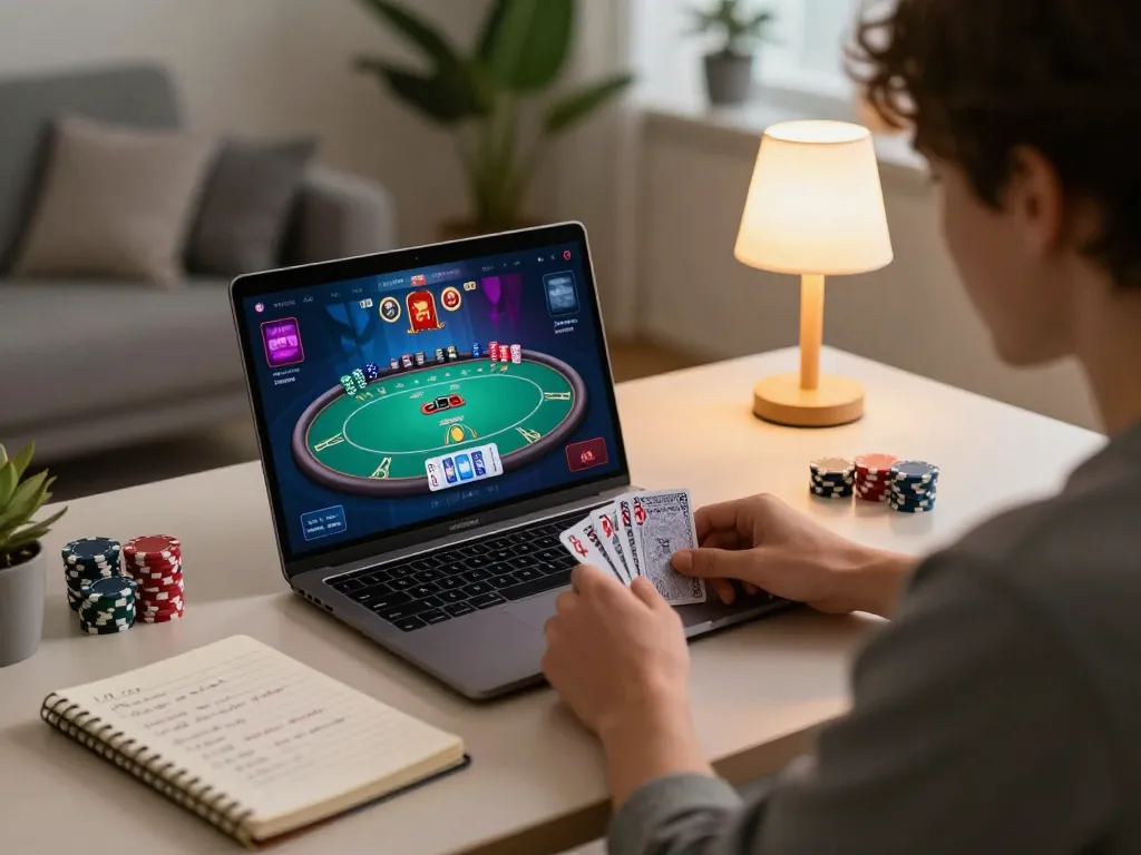 Memainkan poker online di rumah, menampilkan permainan di layar di https://jikankasi.com/modules/bulletin/ dengan fokus pada strategi dan kenyamanan.