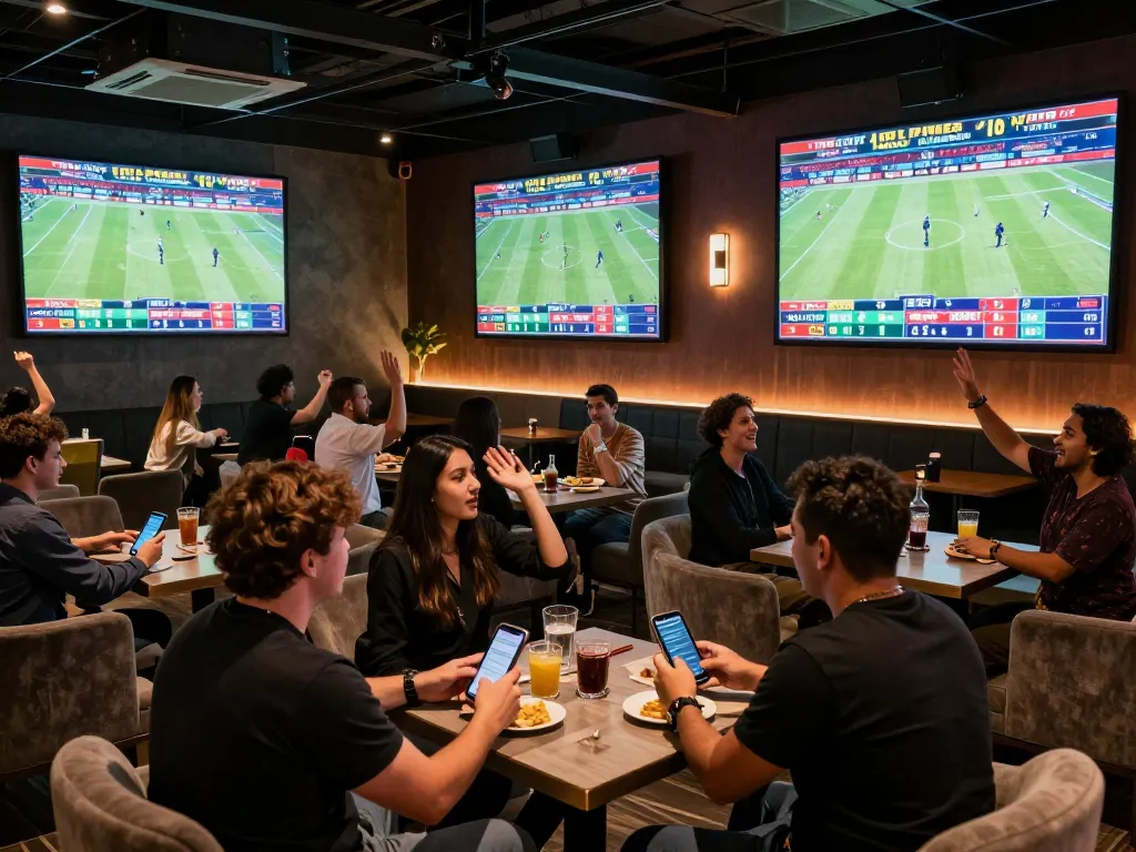 Engaged sports fans placing bets on zbet during a live sports event with vibrant lounge atmosphere.