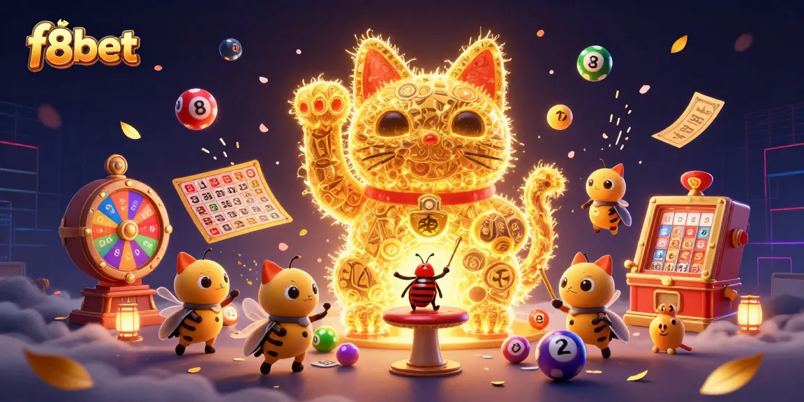 Engage with f8bet's vibrant casino scene featuring lucky cat animation, colorful lottery elements, and dynamic prize offerings.