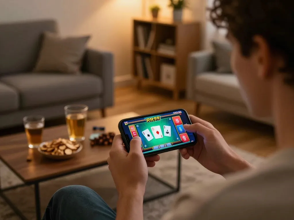 Player engages in online gambling on RR99 using smartphone, showcasing a colorful interface.