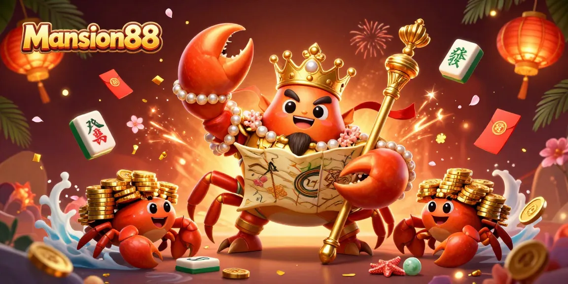 Mansion88's vibrant casino scene featuring a golden crab emperor and gaming elements for thrilling experiences.