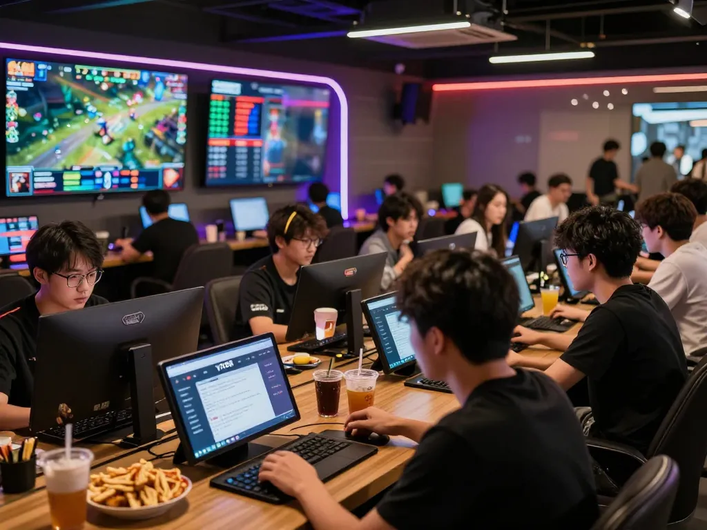 Excited bettors analyzing esports on the ytr88 app in a vibrant lounge setting