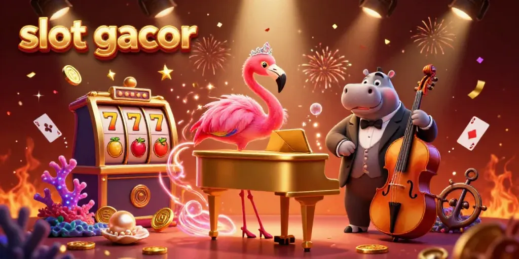 Experience thrilling slot gacor action in a vibrant casino scene featuring a flamboyant flamingo singer and hippo bassist.
