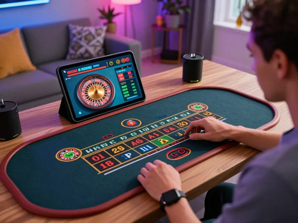 Engaging in online gambling with MM88 TODAY at a stylish home setup, featuring live dealer game on tablet.