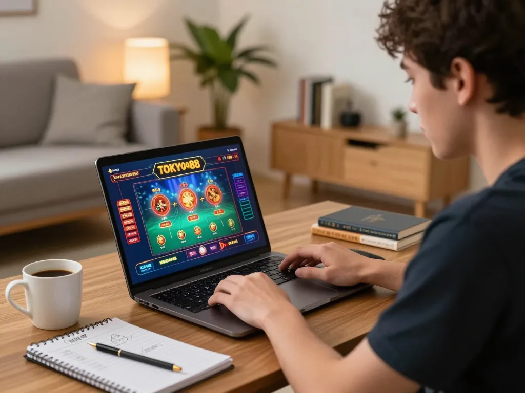 Pemain TOKYO88 yang terlibat dalam permainan kasino online, menunjukkan strategi dan fokus dalam suasana rumah yang nyaman