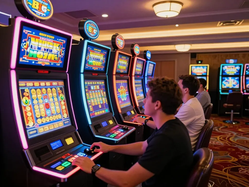 octaslot players enjoying dynamic gameplay at vibrant slot machines in the casino.