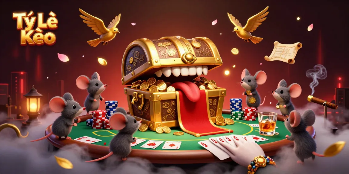 Tỷ Lệ Kèo shows a captivating 3D illustration of treasure chest and mice in a casino scene
