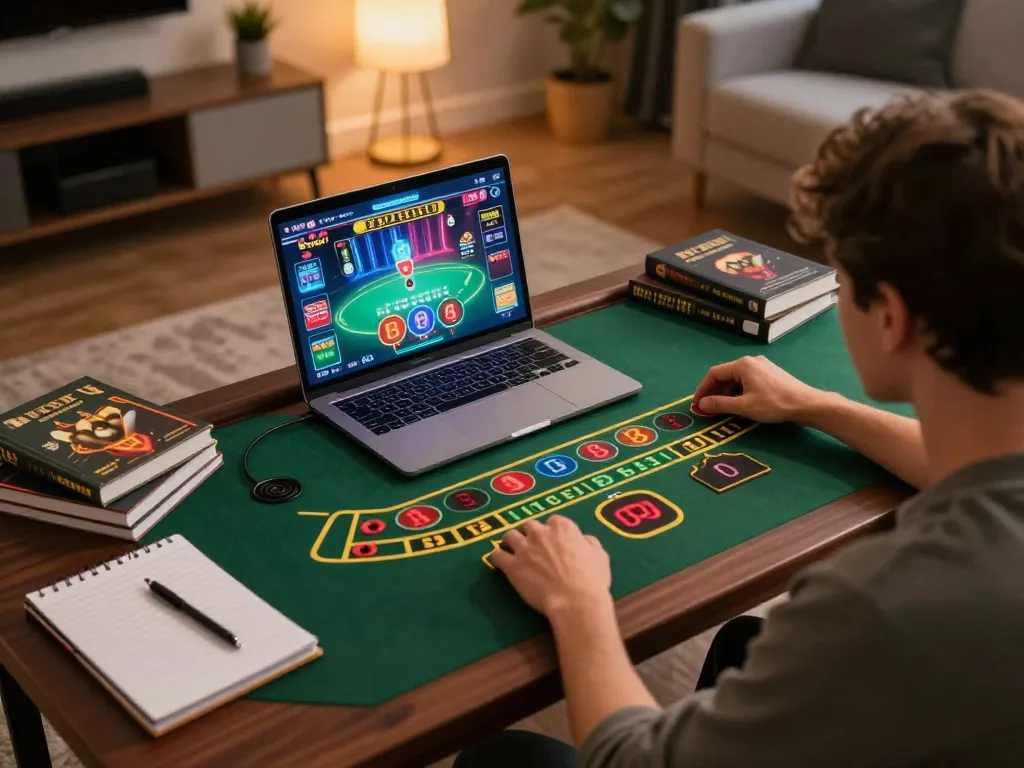 Engaging in live baccarat gameplay at https://sc88.casino/ with strategy notes and modern setup in cozy lighting.