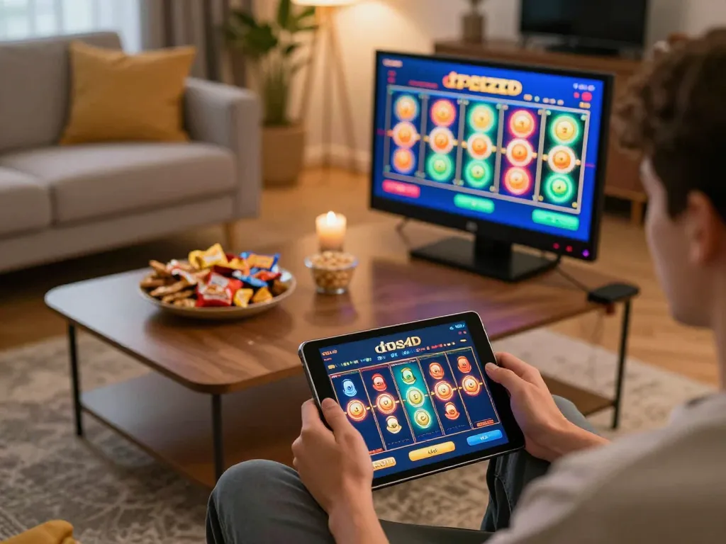 Berkeliling dengan slot dasi4d di tablet dalam pengaturan rumah yang nyaman, menampilkan pengalaman permainan online