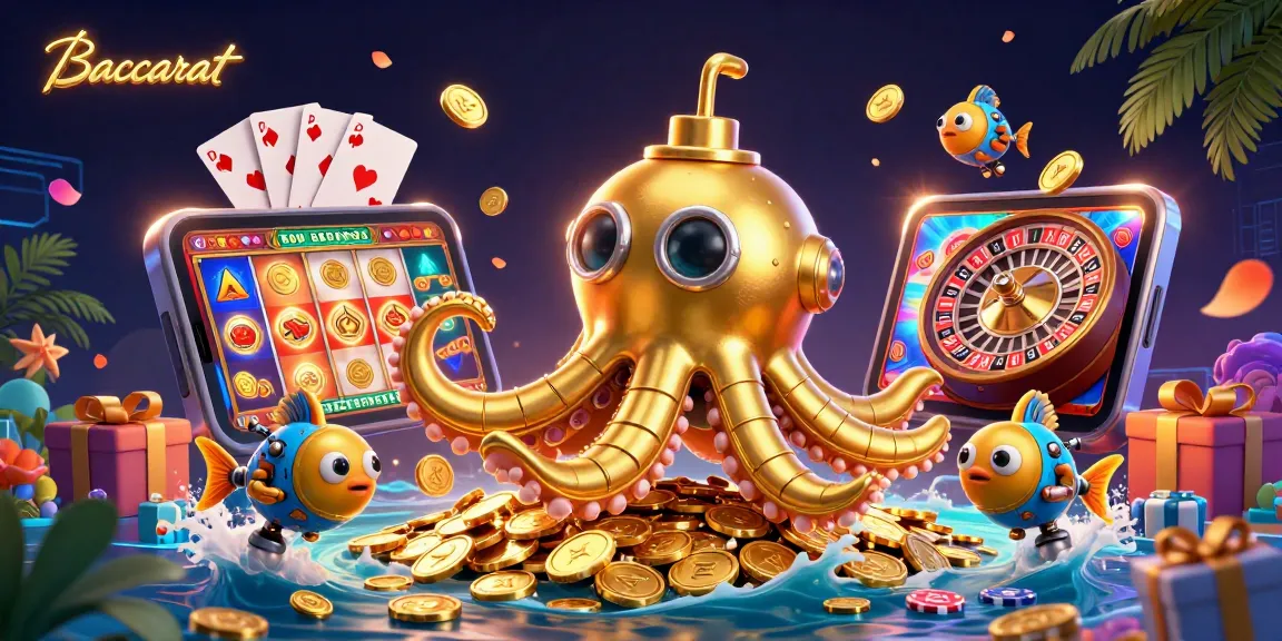 Baccarat game scene featuring a golden kraken submarine, surrounded by coins, cards, and vibrant casino elements