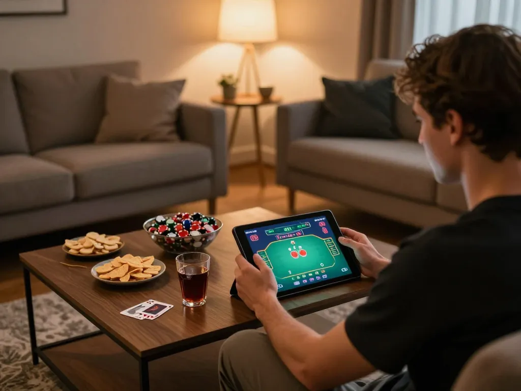 Player enjoying online poker at home on 789club with cozy decor and snacks.