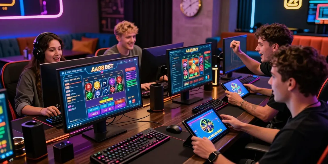 Players celebrating big wins on AA88 BET gaming platform in a vibrant gambling lounge.