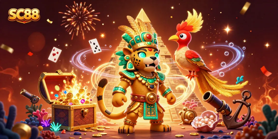 Engage with SC88 through colorful gems and festive casino elements in a vibrant 3D scene.