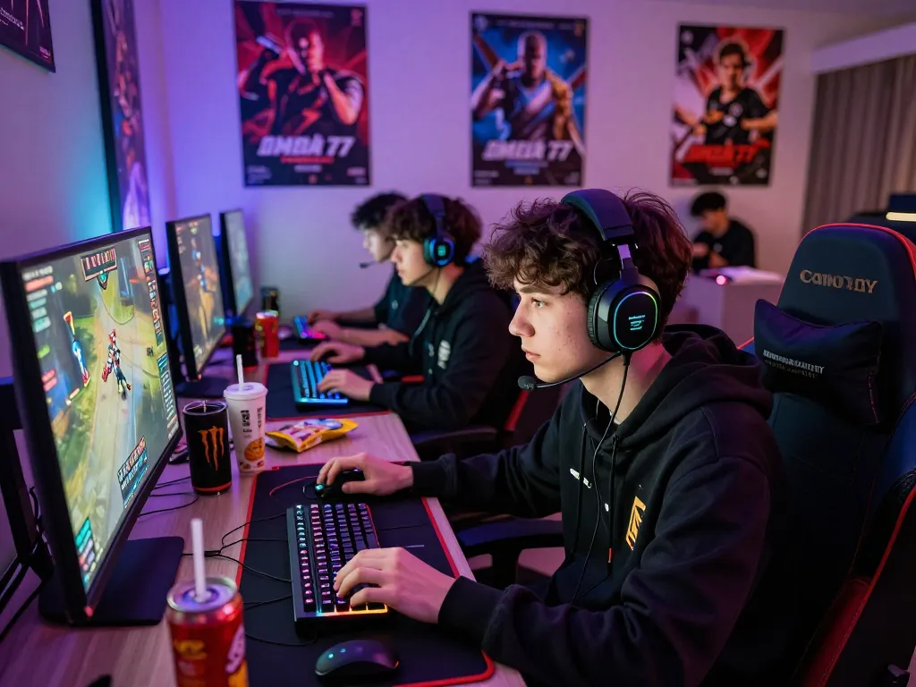 Exciting esports gaming scene featuring players intensely focused on ombak77 competition with vibrant LED lights.
