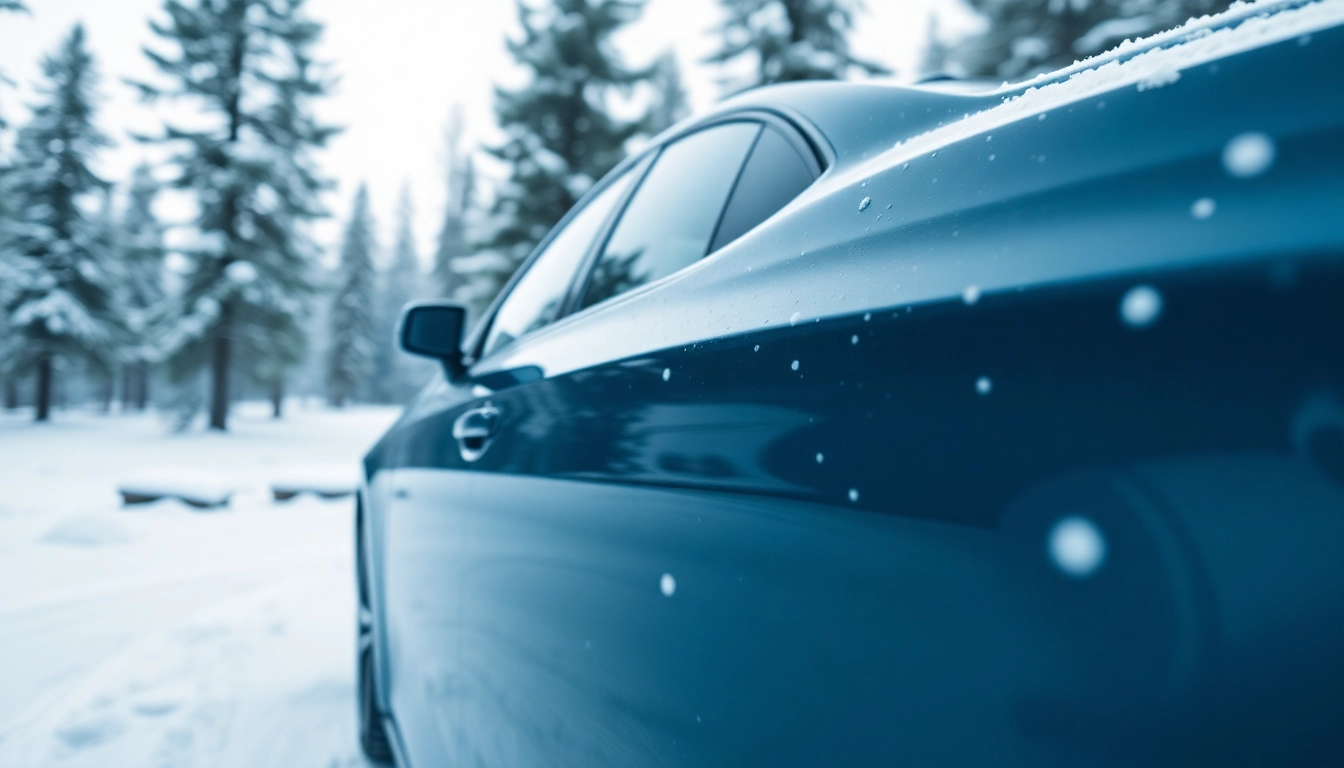 PPF winter road salt protection on a car in a winter landscape with snow.