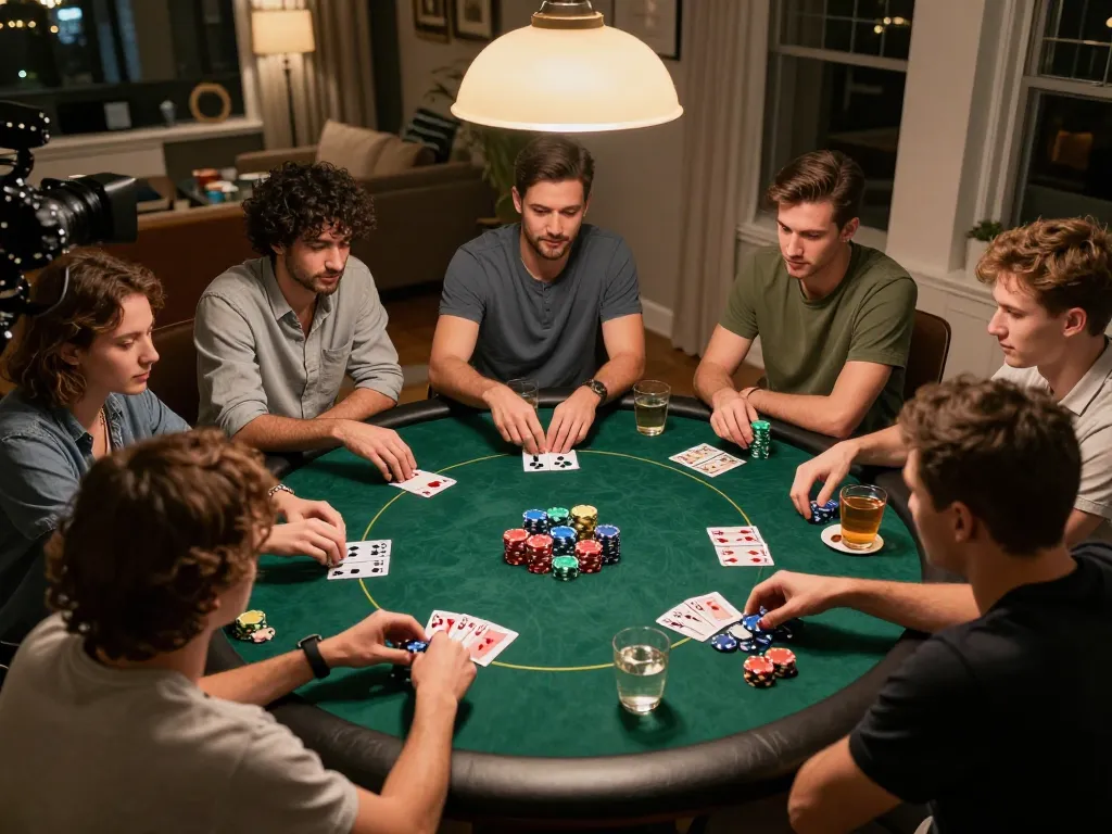 Players engaging in home poker night strategizing plays while enjoying friendly competition with dinamit4d.