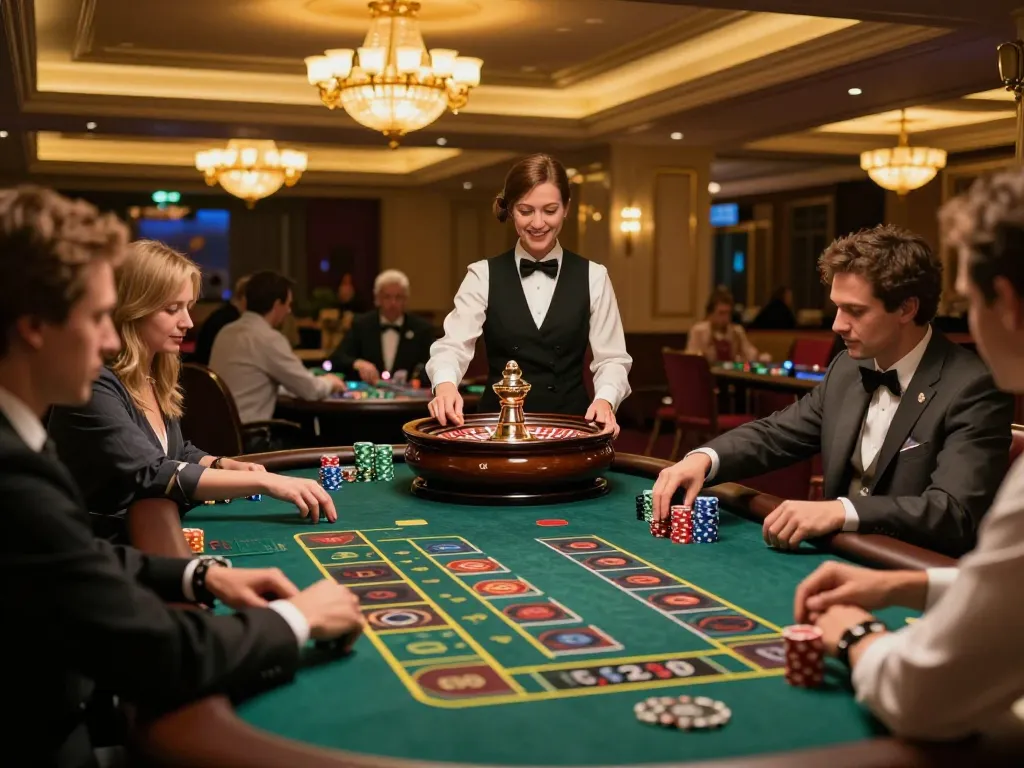 Luck8 players engaging in spirited roulette game, vibrant atmosphere captured in exciting casino setting