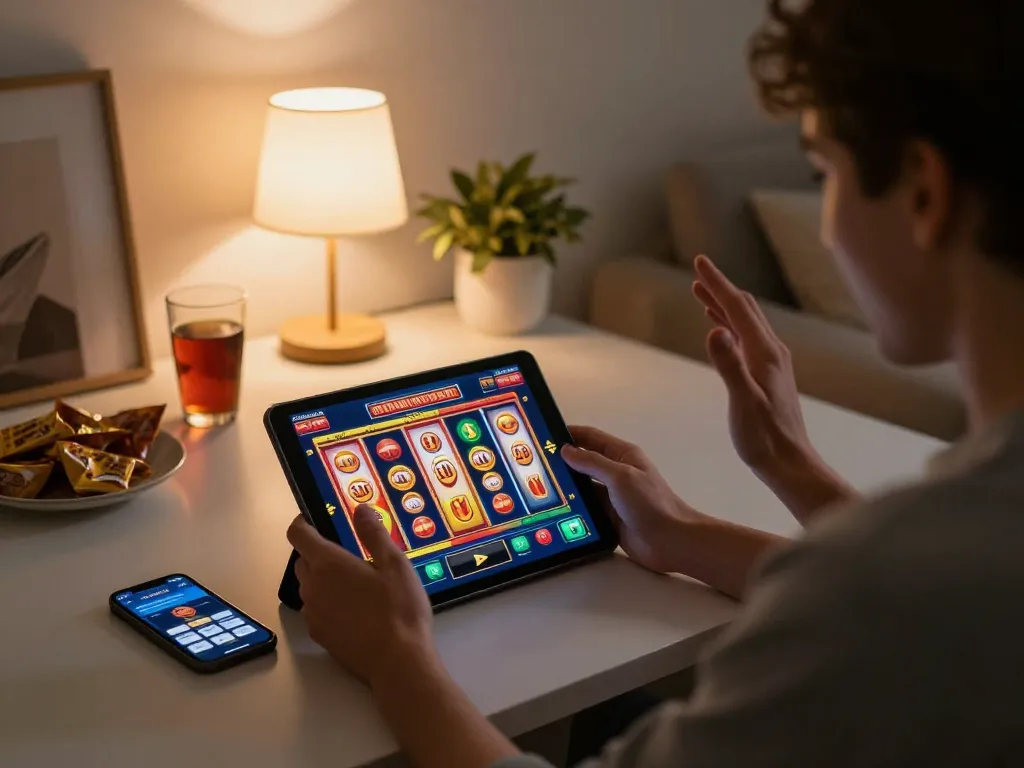 Player celebrating a big win at 98win online slots, surrounded by cozy home decor and gaming essentials.