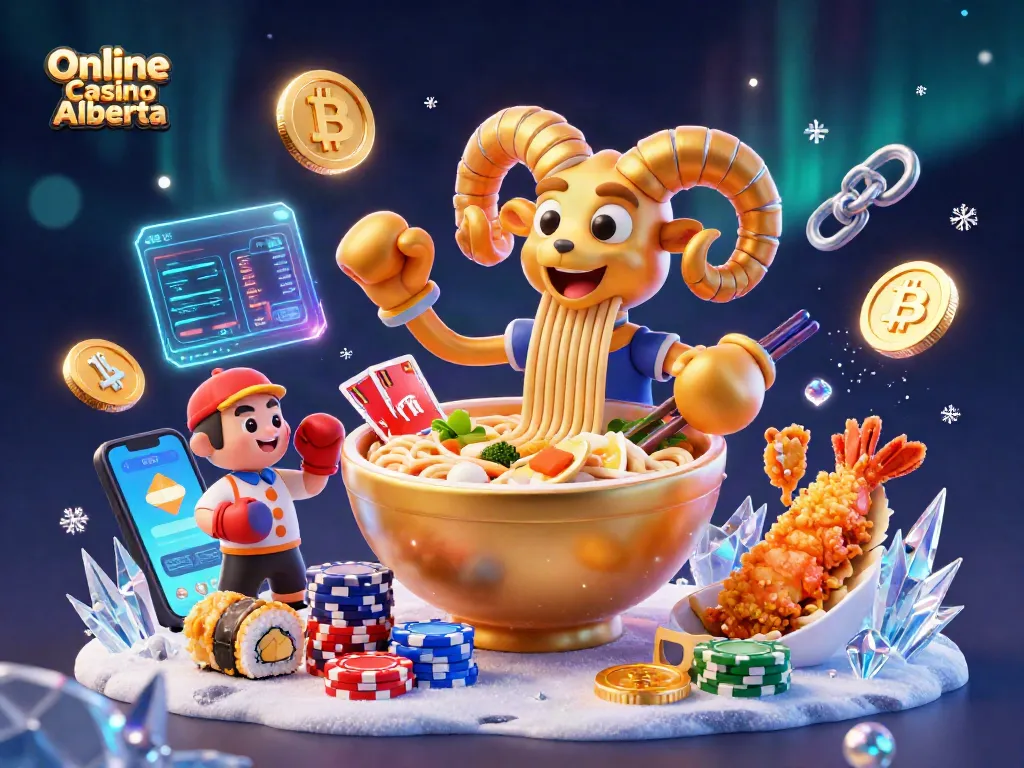 Experience thrilling action at Online Casino Alberta with a lively 3D scene showcasing gaming characters and crypto elements.