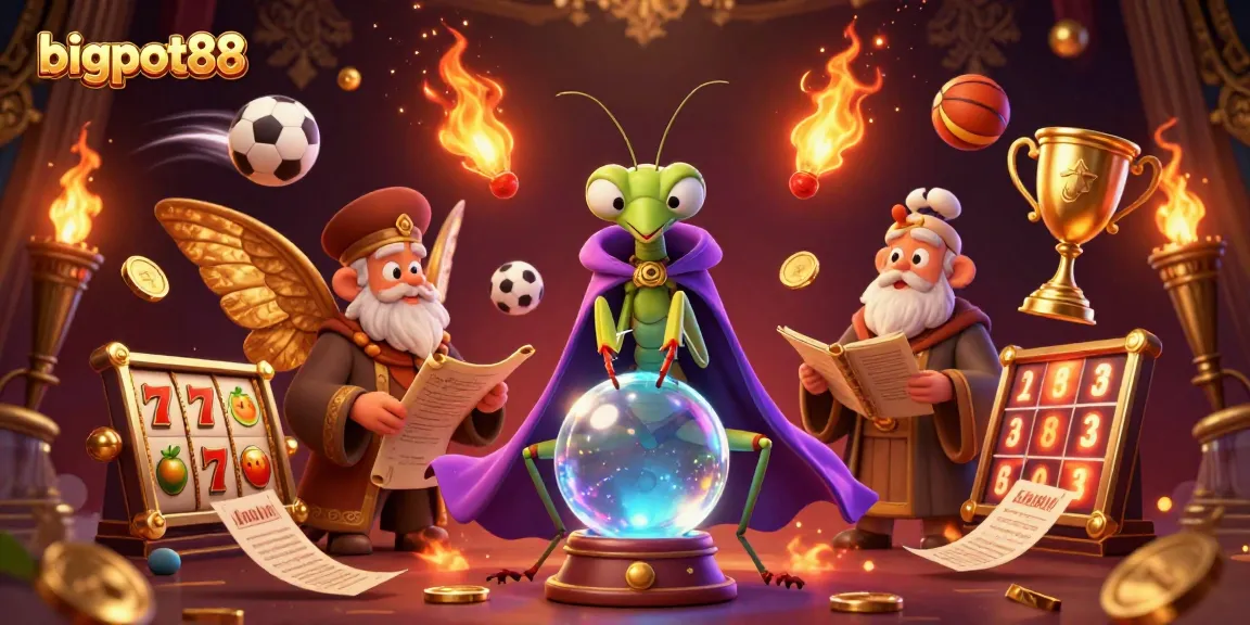 Experience bigpot88 with a vibrant casino scene showcasing a praying mantis fortune teller and slot reels.
