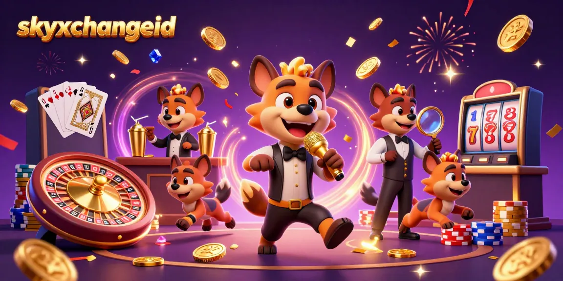 Experience a lively casino scene with skyxchangeid, featuring hyenas, golden coins, and vibrant casino elements.