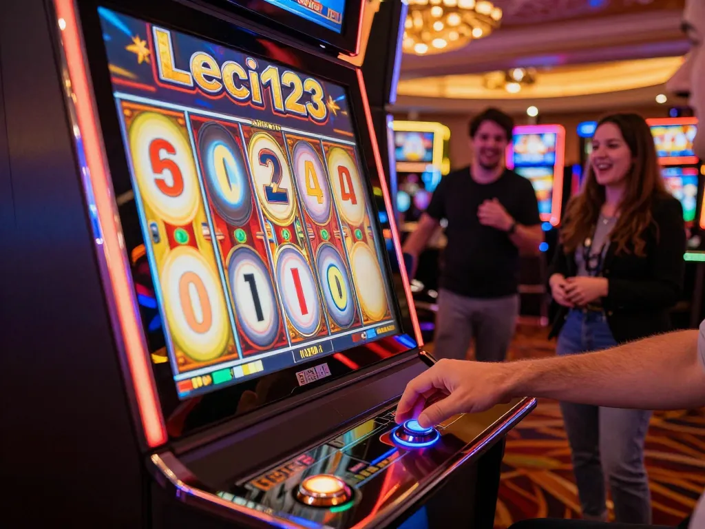 Leci123 player eagerly spinning the reels on a vibrant slot machine, enjoying the lively casino atmosphere.