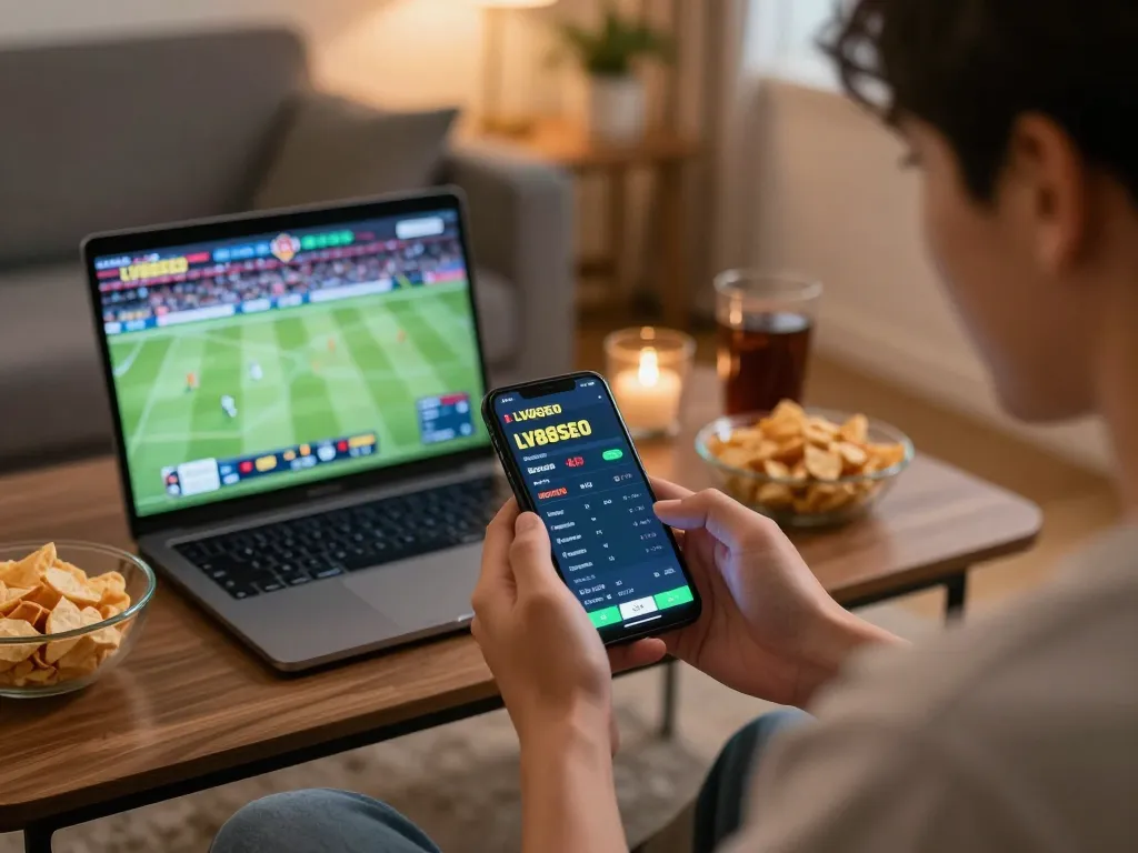 Person engaged in mobile sports betting on LV88SEO app, showcasing an immersive home gaming atmosphere.