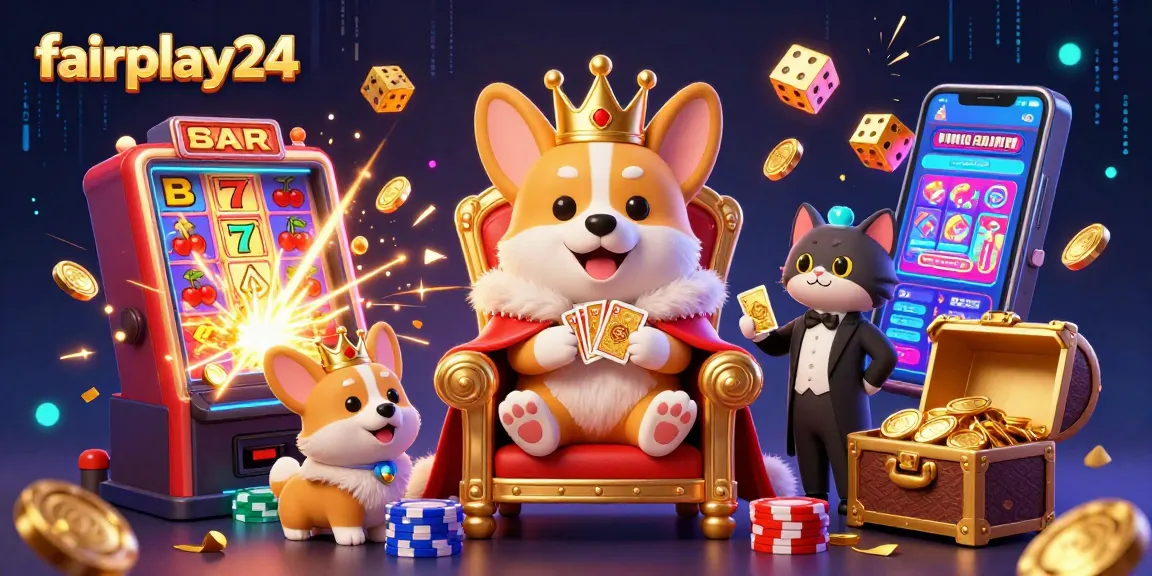 Experience the excitement with fairplay24 through a vibrant, engaging casino scene featuring 3D characters and dynamic game elements.