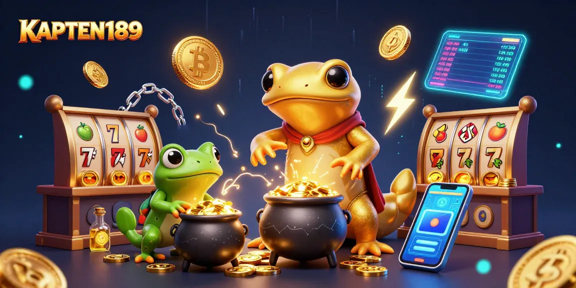 KAPTEN189 memukau pemain dengan simbol slot dan koin emas, menggambarkan keseruan perjudian online.