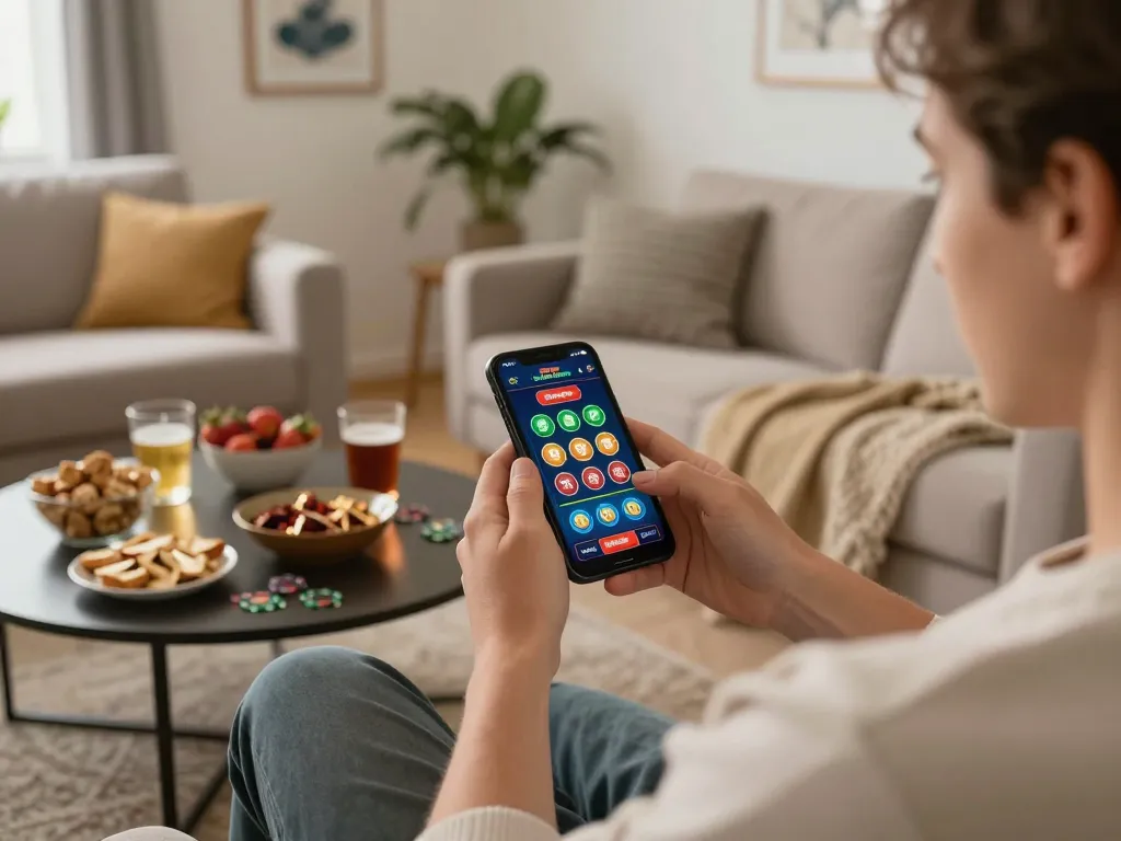 F8BET player using smartphone to enjoy a winning moment at home casino.