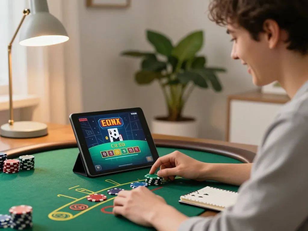 Player enjoying a live dealer blackjack game on 88vv tablet at home, demonstrating strategic gaming.