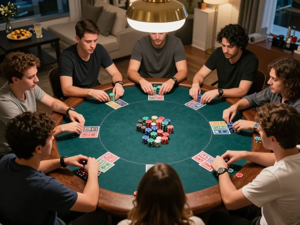 Exciting poker game scene at home showcasing strategic gameplay among friends with Nhà Cái RR88 setting the mood.