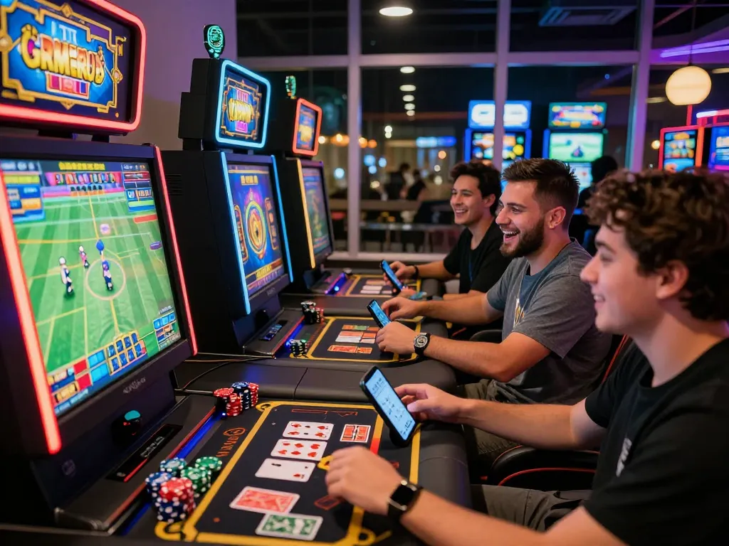 Engaged players at Nhà Cái Kuwin enjoying online sports betting and slot games in a lively gaming lounge.