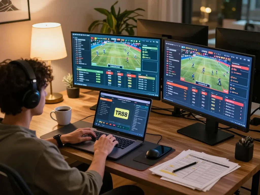 Engaged player placing bets on TR88 sports betting platform from a cozy home setup.
