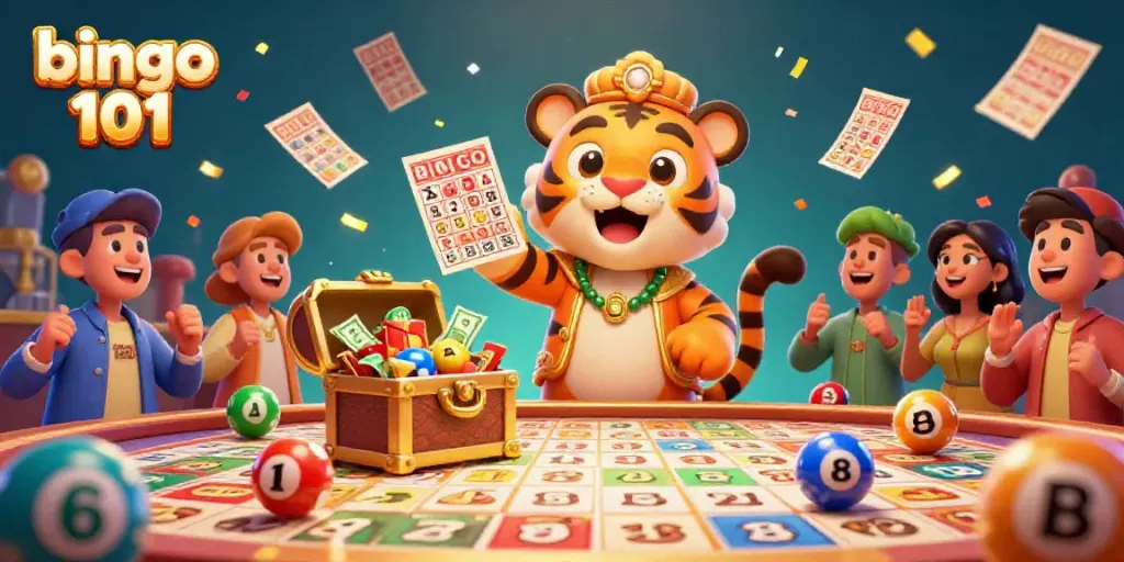 Win big and enjoy thrilling games with bingo 101 featuring a vibrant tiger sultan and colorful bingo elements.