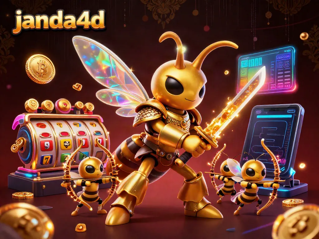 Gambarkan janda4d dengan hornet emas dan simbol jackpot bersinar.