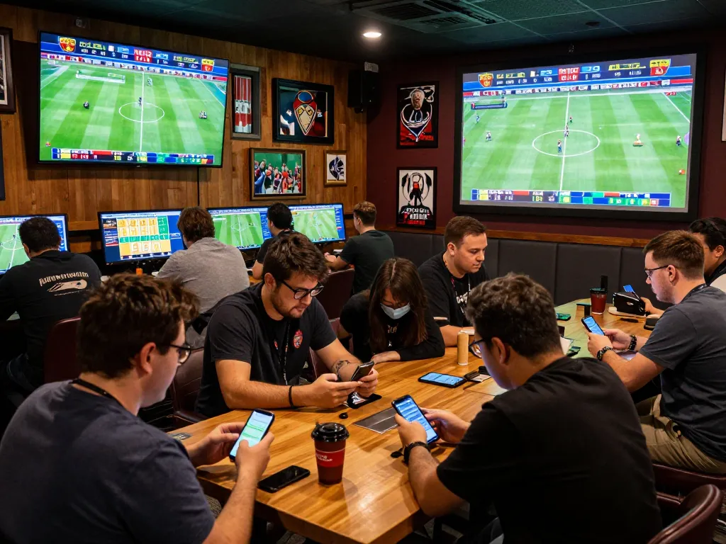 Excited sports bettors reviewing nowgoal odds on multiple screens during live games.