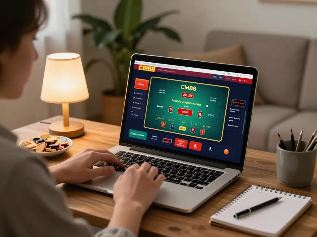 cm88 online player engaging in live blackjack game, cozy home atmosphere with strategic notes