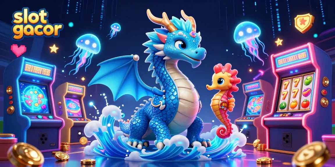 Menangkan jackpot di slot gacor dengan karakter naga laut dan mesin slot berwarna-warni di sekitarnya.