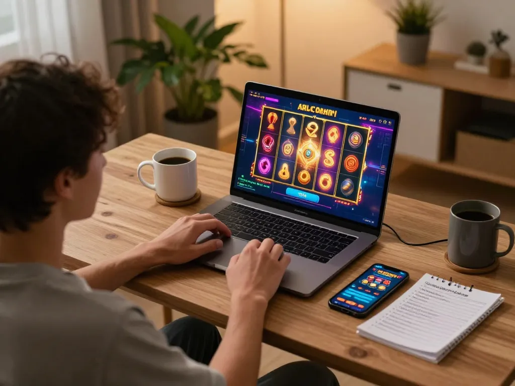 Seorang yang terlibat dalam permainan slot online interaktif menggunakan aman788, menyoroti pengaturan permainan modern di rumah.