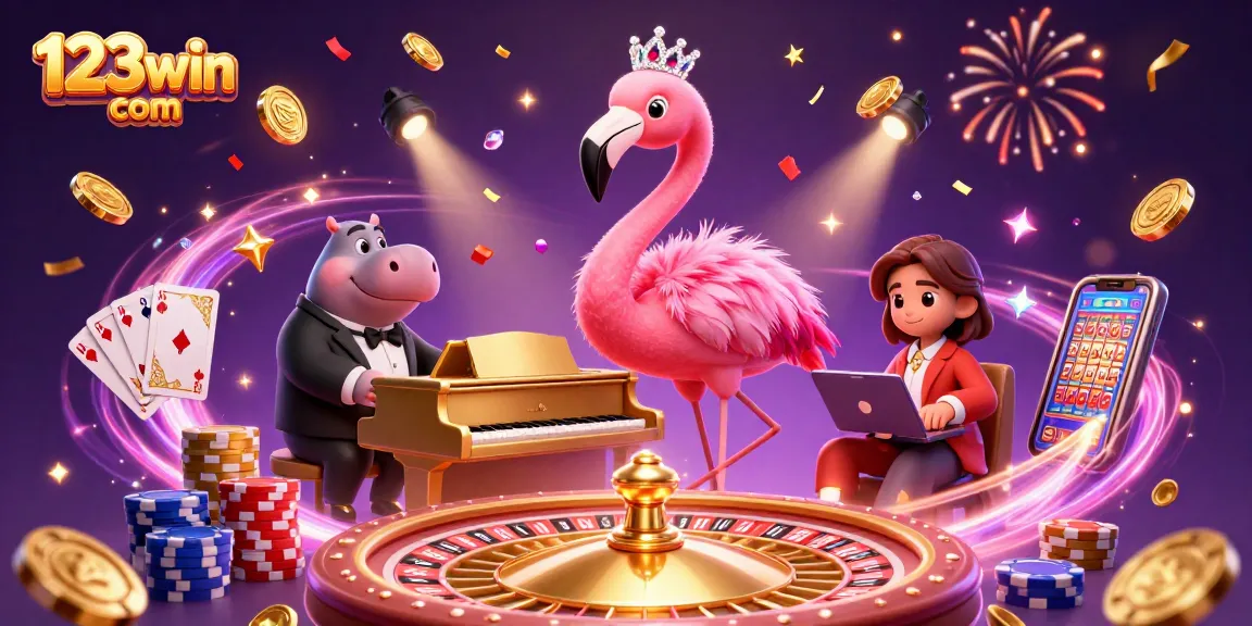 Experience thrilling gaming with 123win com in a rich 3D casino scene featuring vibrant characters and bonuses.
