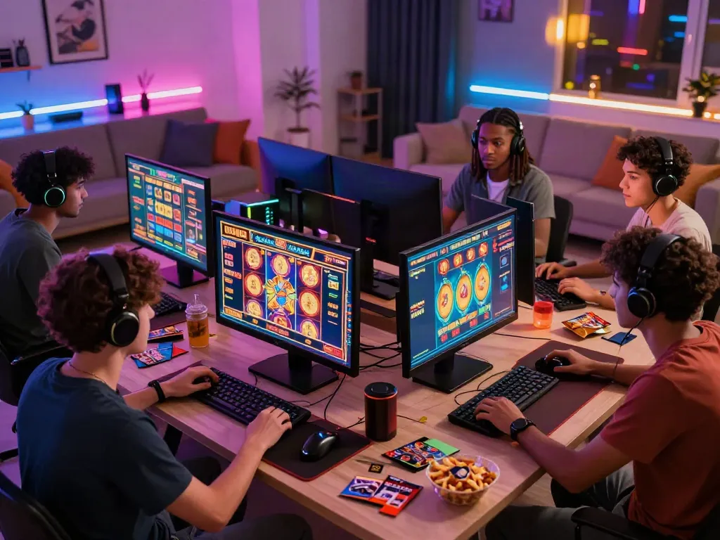 A lively gaming scene showcasing a group engaged with akunjp online slot games in a stylish urban setting.