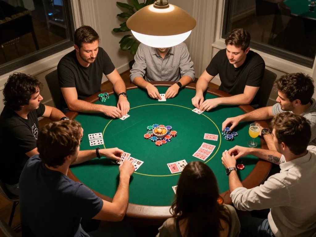Players enjoying an exhilarating game of poker at home, showcasing strategic moments and fun, aligned with MAX88 gambling experiences.